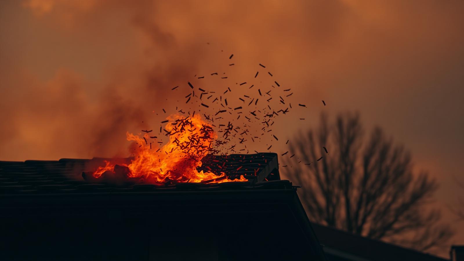Embers and burning bark blowing over a house roofline at dusk