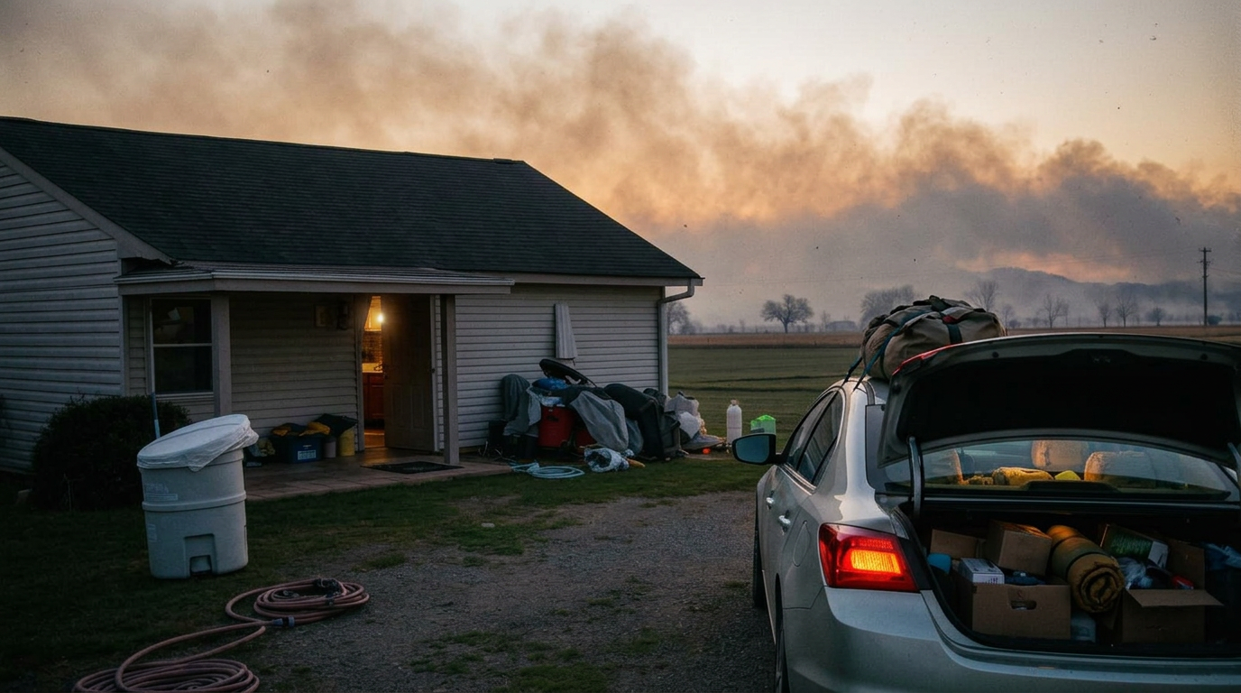 A rural house at dusk with a packed car and smoke haze on the horizon