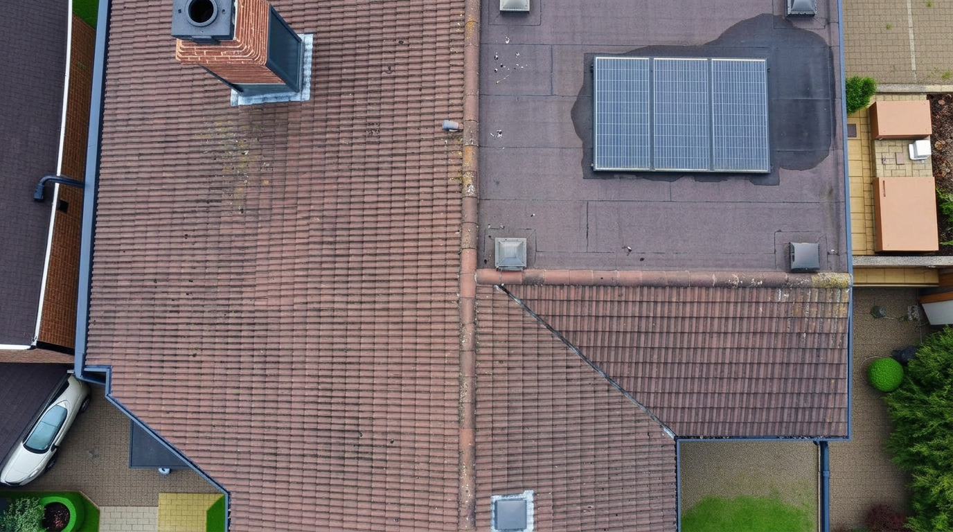 Aerial view of a house combining a pitched saddle roof and a flat extension