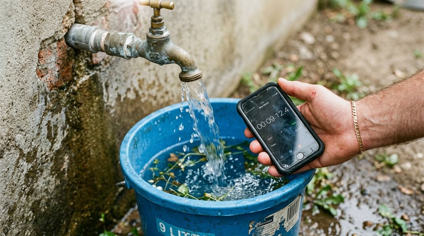 A garden tap filling a nine litre bucket while a phone timer runs