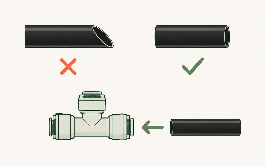 Cut the tube square, then push it fully into the fitting until it seats.