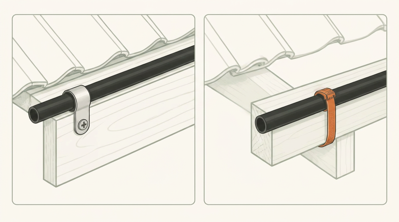 Fixing options: tube laid in the gutter with the nozzle tip through a small hole on top, or tucked behind the tile edge. No straps or screws are supplied.
