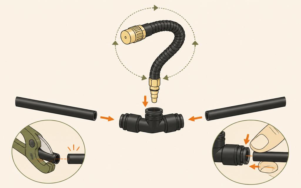 Cut the tube square, push both ends into the T-piece and the bendable nozzle arm into the top outlet. To release, press the collar and pull the tube out.