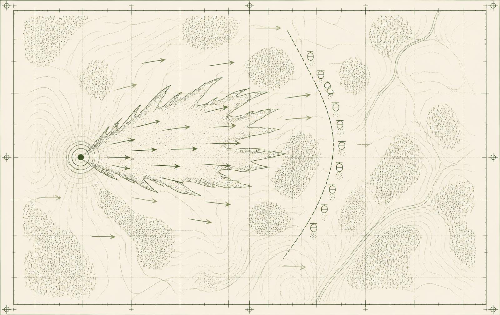 Blueprint plan view of a fire spreading from an ignition point with a line of pod drops placed ahead of it