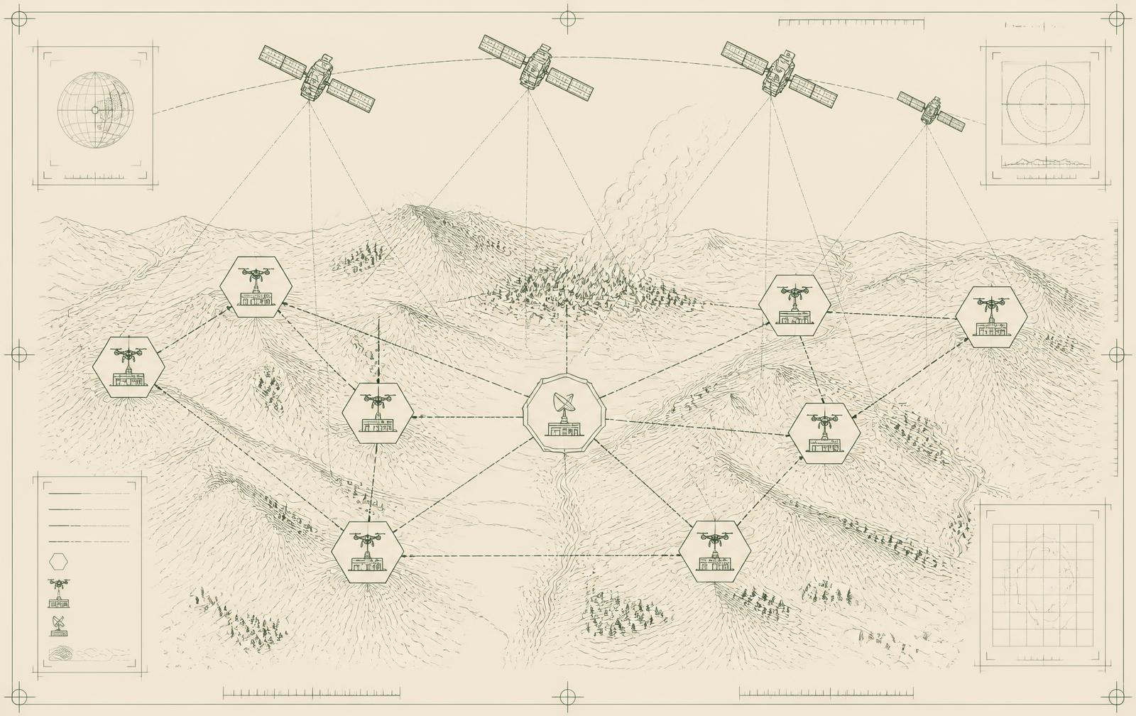 Blueprint schematic of a decentralized wildfire detection network with satellites and distributed drone hubs over a ridge landscape