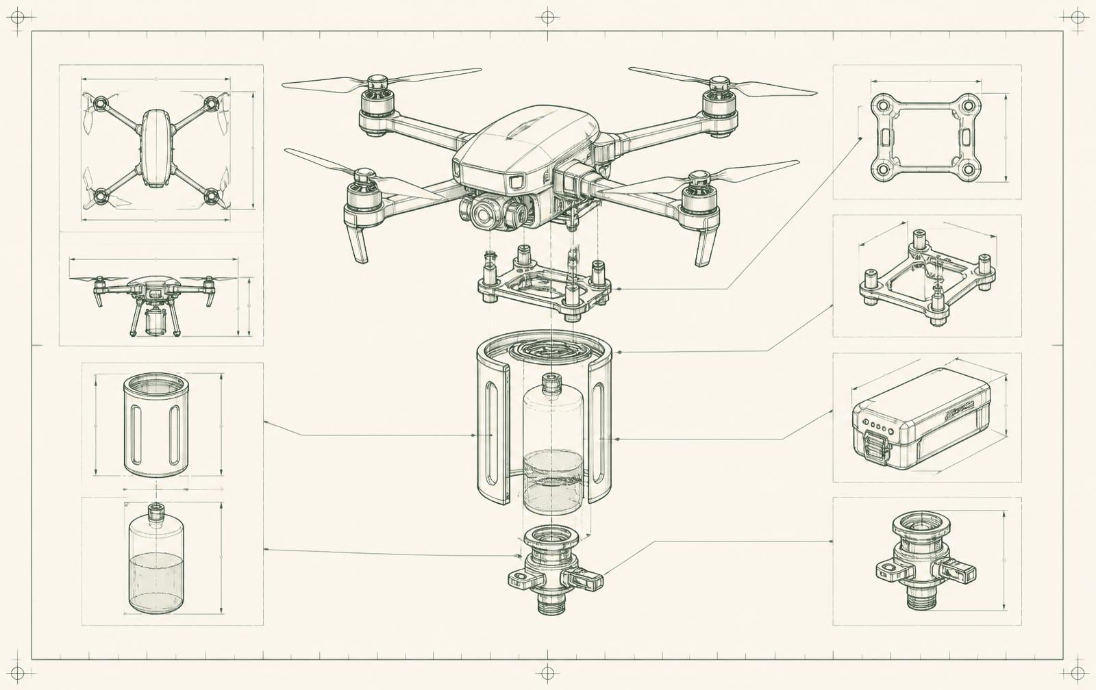 Exploded blueprint drawing of a quadcopter drone with a retardant pod, reservoir, release valve and mounting bracket