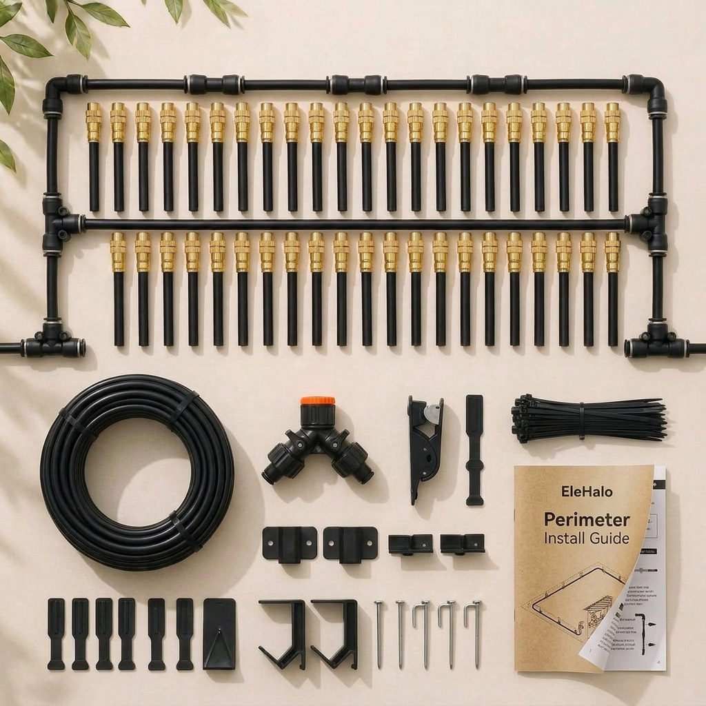EleHalo perimeter protection set kit laid out with brass nozzles, tees, fence clips and tube