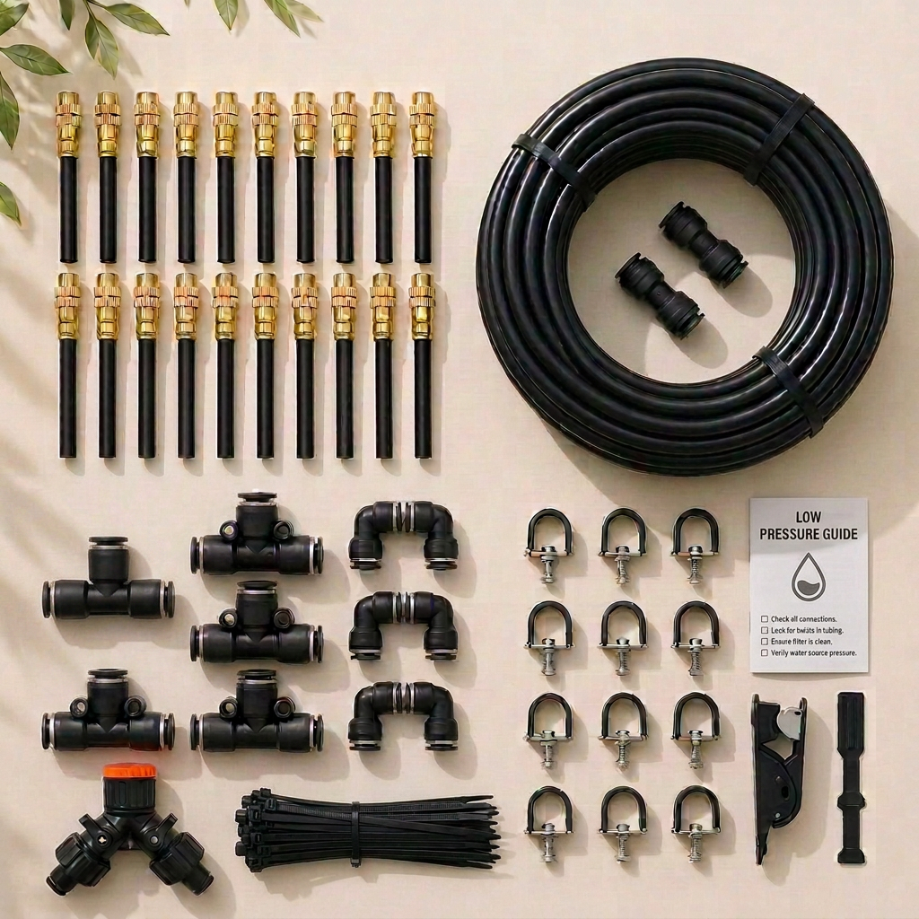 EleHalo low-pressure protection set with brass nozzles, tees and mounting hardware laid out