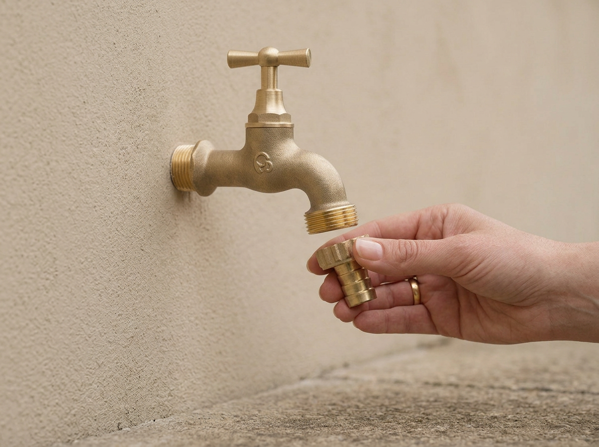 Hand unscrewing the hose nozzle tip from a brass garden tap to reveal the 3/4 inch thread